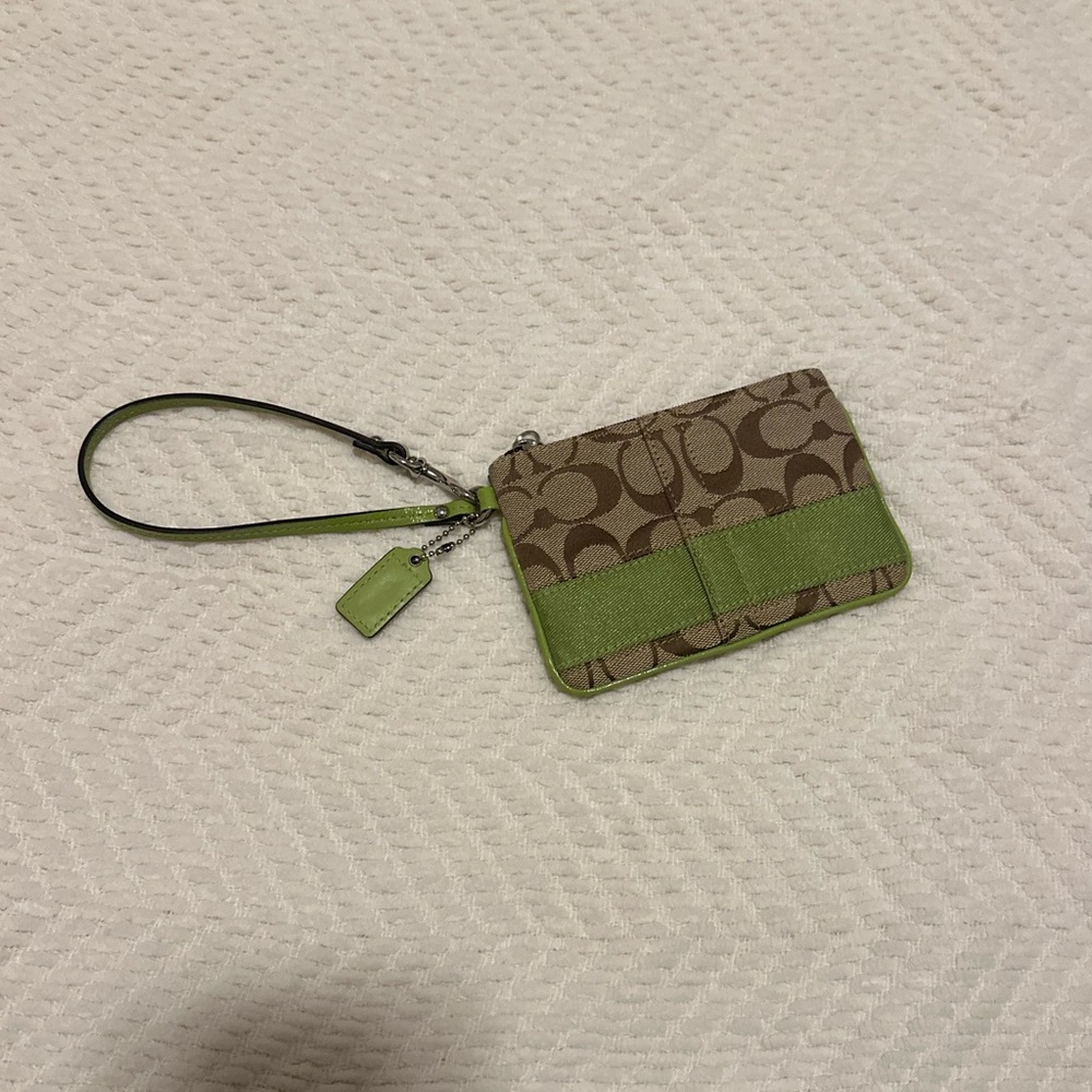 Brown and Green Coach Wristlet